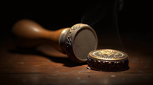 Old wooden and brass seal stamp with elaborate crest design, worn handle, wax residue detail, museum-style spotlight, black background