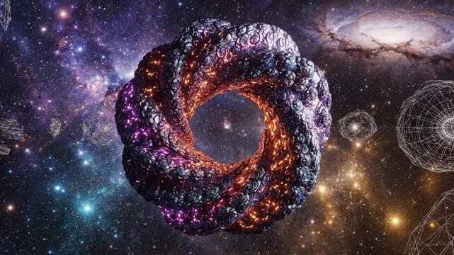 Abstract illustration of a luminous structure in the cosmic universe with celestial elements and stars