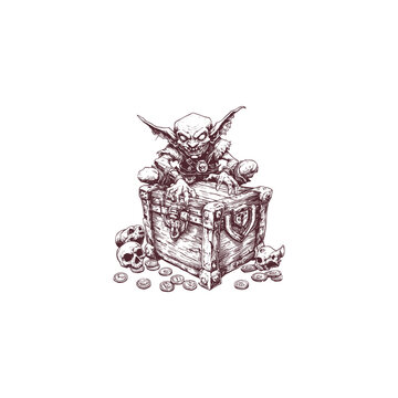 illustration of a sinister goblin or imp emerging from a richly decorated treasure chest, surrounded by scattered gold coins and skulls