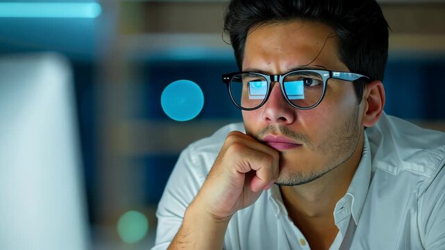 Focused Dedication: An attentive individual, engrossed in a late-night work session, leans intently, highlighting the blend of hard work and commitment. 