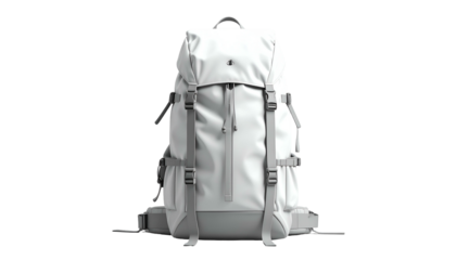 Front-facing, white and gray backpack with multiple straps, buckles, and drawcord closure