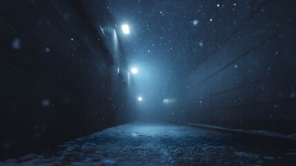 A dimly lit winter tunnel with falling snow illuminated by overhead lights revealing railway tracks on the ground