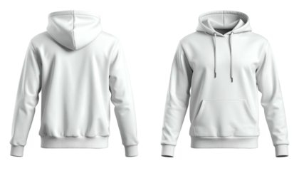 White hoodie mockup displays front and back views, showcasing design potential