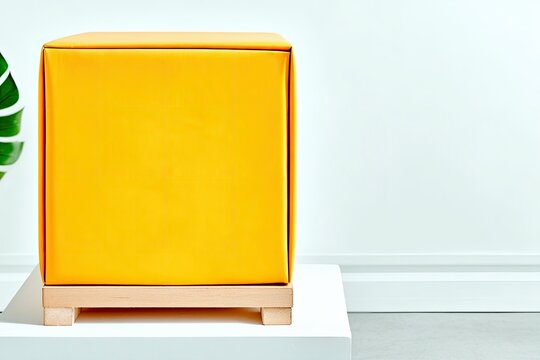 A vibrant yellow cube-shaped object sits on a wooden base against a white wall in a minimalist, modern setting. A large green leaf is visible on the left.