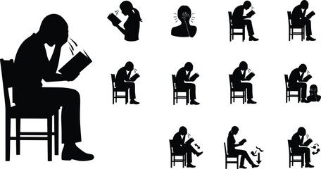 Reading posture silhouette illustration set, expressive book engagement poses, emotional and physical interaction vector, black and white graphic