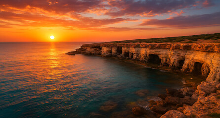 Sunset over a rocky coastline with sea caves, casting warm orange and red hues across the sky and water, creating a serene and majestic scene.