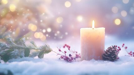 burning candle and christmas tree decorations