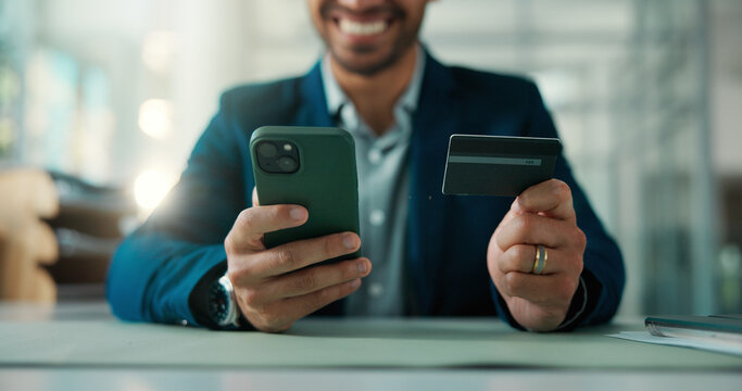 Credit card, hands and phone with business man at desk in office for finance or stock market trading. App, mobile investment and portfolio management with broker in financial workplace for payment