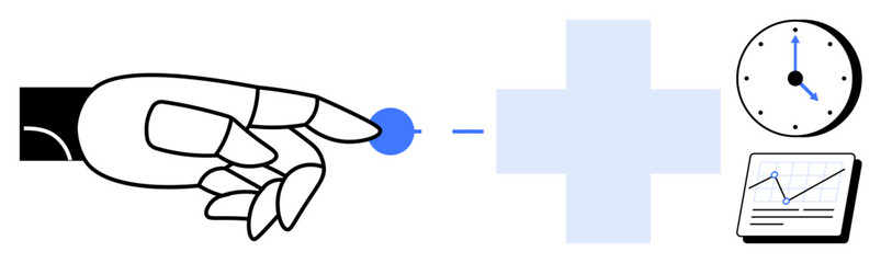 Fototapeta premium Robotic hand touching a digital interface with a plus sign, clock, and analytics chart. Ideal for healthcare, AI, innovation, automation, time management data analysis futuristic design. Clean