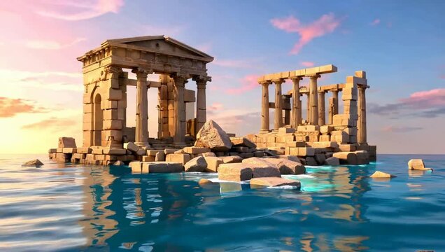 Ancient Greek Temple Ruins Submerged in Blue Water at Sunset Historical Architecture Fantasy Landscape Digital Art