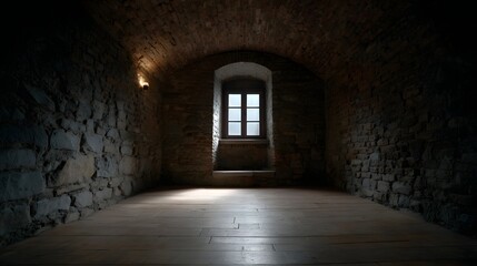 Ancient stone and brick room with arched ceiling and wooden floor illuminated by faint light from a window