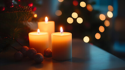 christmas candles on red background