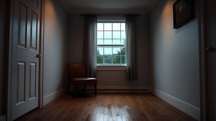 Naklejka premium A tranquil room interior with a chair by the window illuminated by soft moody twilight