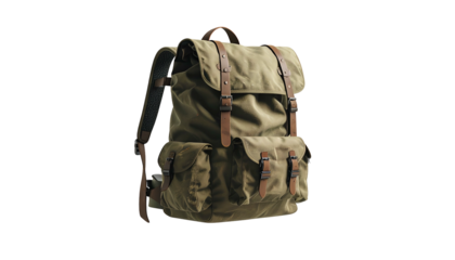 Rugged canvas backpack with leather straps and multiple pockets, set against black