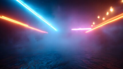 Abstract futuristic scene with vibrant neon light trails cutting through mist over a reflective surface