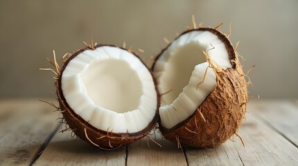 one coconut that has been split into two equal parts