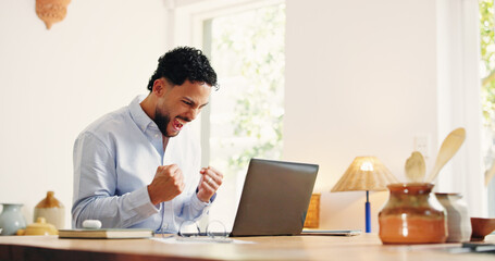 Happy businessman, remote work or fist pump with laptop for good news, winning or promotion in...