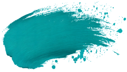 Vibrant turquoise paint stroke with energetic splatters and drips creating a dynamic abstract artistic texture isolated on transparent background