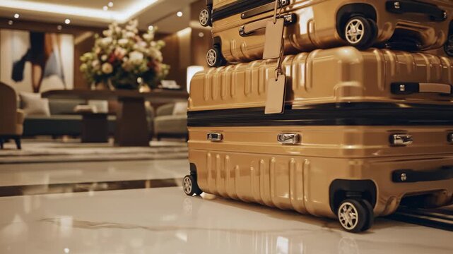Stacked Golden Luggage Bags Waiting in Hotel Lobby