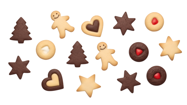 Festive holiday cookie assortment gingerbread men, stars, hearts, trees, diverse flavors, toppings, scattered and isolated on transparent background, perfect for sweet treats