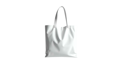 A white tote bag with handles, isolated against a solid black background