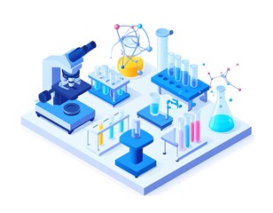 Isometric view of a brightly colored, minimalist scientific lab featuring various tools, beakers, test tubes, and atom structures