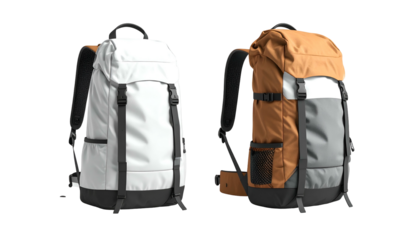 Two stylish backpacks, white and orange/gray, featuring various compartments and straps