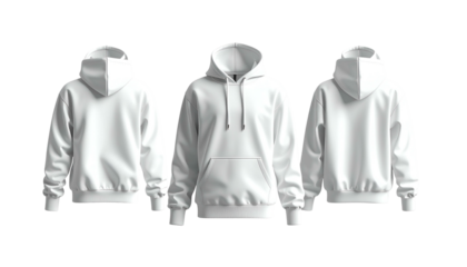 Three white hooded sweatshirts in different perspectives, isolated on black background