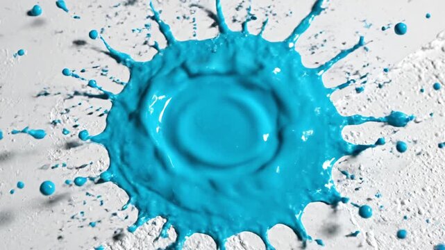 Vibrant blue paint splash and dynamic liquid drop textures on white textured surface with colorful splash effects, dynamic shapes, and bouncing sphere motion reflections