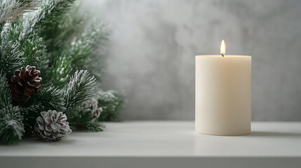 christmas still life with candle and pine cones