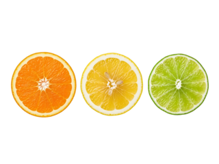 Three vibrant citrus fruit slices including orange lemon and lime isolated on transparent background