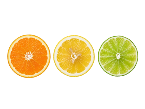 Three vibrant citrus fruit slices including orange lemon and lime isolated on transparent background