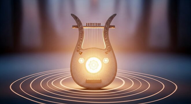 A glowing lyre instrument is illuminated on a stage, with concentric circles of light. The scene is dramatic and ethereal.