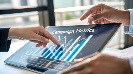 SaaS Marketing Automation Two people review campaign metrics and bar charts on a digital tablet in a modern office setting.