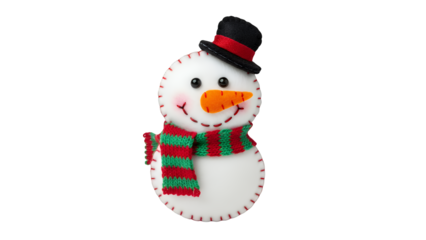 Detailed handmade felt snowman with a red and green striped scarf and black top hat, ideal for festive winter holiday designs, isolated on transparent background