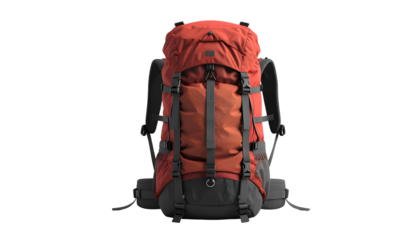 A front view of a fully loaded red and gray hiking backpack on a black background