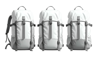 Three white backpacks in a row, each with straps and a top handle against a black background