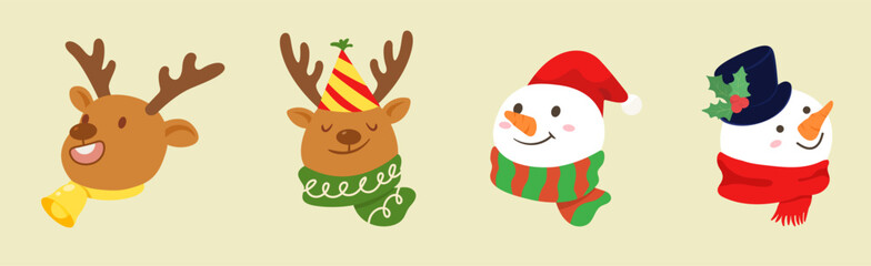 Christmas Cartoon Characters Set of Reindeer and Snowman. Flat vector Illustration for Christmas greeting card, banner, print. Christmas elements for decoration.