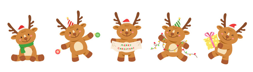 Set of Festive Christmas Reindeer Characters. Flat vector Illustration of Christmas cartoon for greeting card, poster, banner, invitation, print, brochure, holiday. Christmas elements.