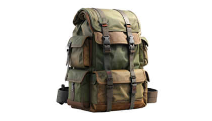 Detailed photo of an olive green and brown, large, rugged hiking backpack