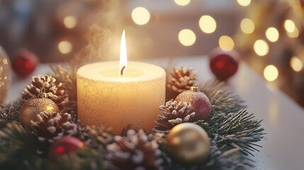 christmas still life with candles and decorations