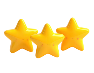 Three glossy yellow stars with cute smiling faces, simple