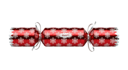 Red Christmas cracker with snowflake pattern and the word SNAPS isolated PNG with Transparent Background