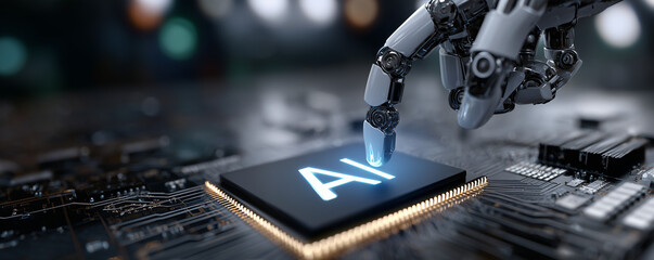 AI artificial intelligence technology concept. Machine learning, deep learning, industry 4.0 automation. Robotic arm in factory, CPU chip on circuit board. Future of manufacturing innovation