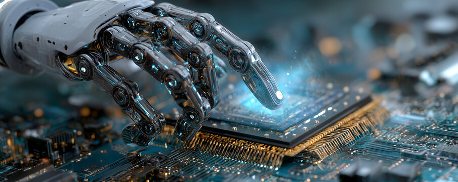 AI artificial intelligence technology concept. Machine learning, deep learning, industry 4.0 automation. Robotic arm in factory, CPU chip on circuit board. Future of manufacturing innovation