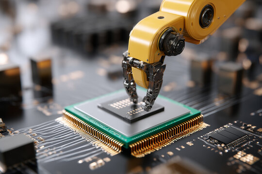 AI artificial intelligence technology concept. Machine learning, deep learning, industry 4.0 automation. Robotic arm in factory, CPU chip on circuit board. Future of manufacturing innovation
