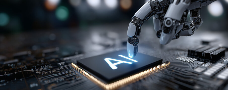 AI artificial intelligence technology concept. Machine learning, deep learning, industry 4.0 automation. Robotic arm in factory, CPU chip on circuit board. Future of manufacturing innovation