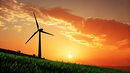 wind turbines farm, Green eco-energy concept, rotating wind turbine silhouette against orange sunrise, sharp and vibrant
