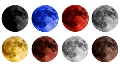 Collection of eight diverse moons, showcasing vibrant colors like blue, red, yellow, and brown, alongside grayscale and dark variations, all isolated on a black background for graphic design elements.