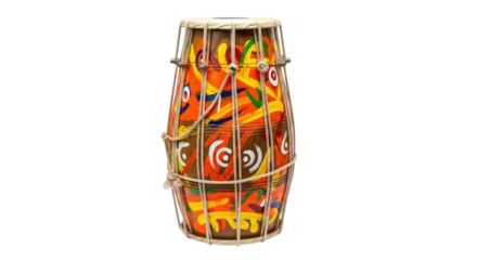 Indian Dholak drum with colorful tribal pattern isolated PNG with Transparent Background